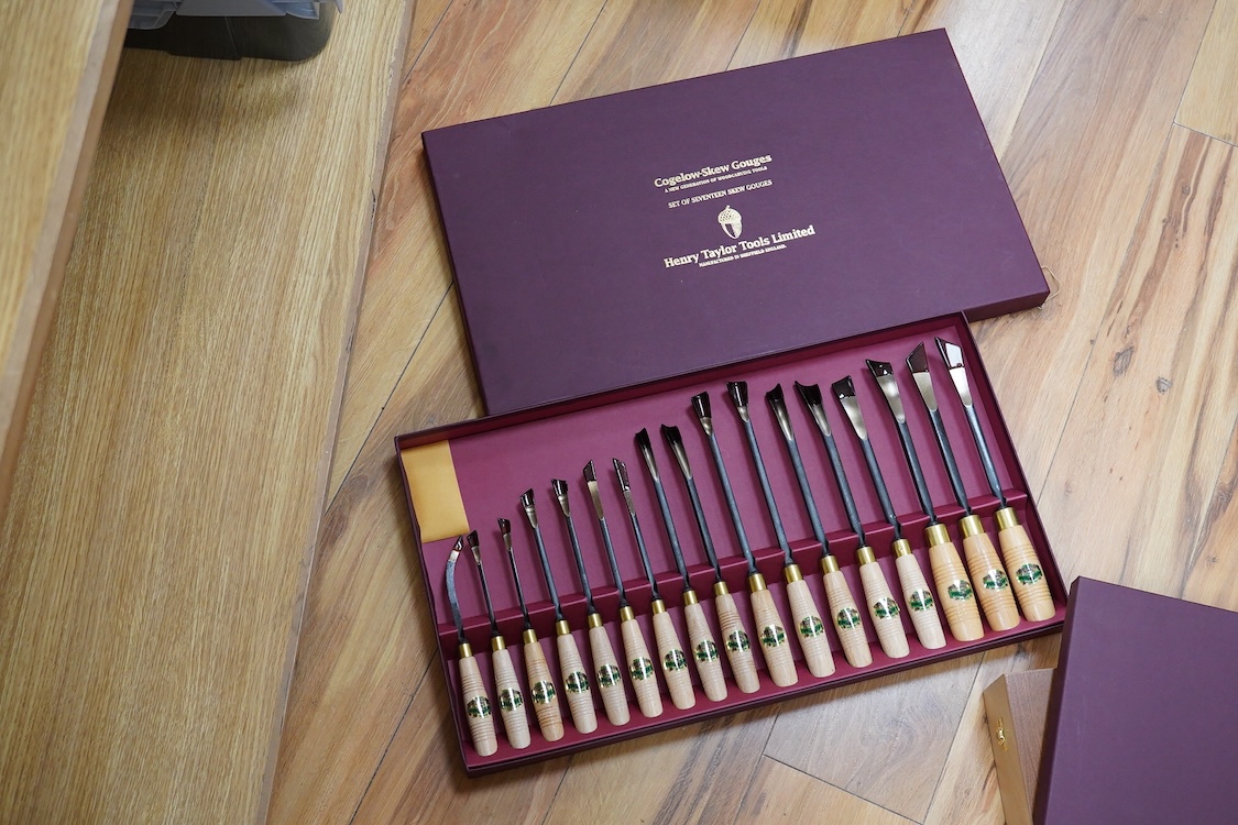 Three sets of Henry Taylor Tools Limited of Sheffield, wood carving chisels, comprising of a 12-carving chisel set contained within a fitted beech case, a set of 17 skew gouges in a fitted card case, and a set of 12 micr